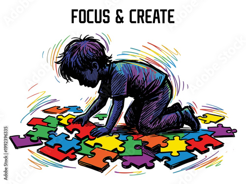 Child focused on assembling colorful jigsaw puzzle pieces