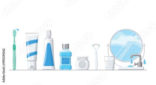 A complete set of professional dental hygiene products including mouthwash and toothpaste stands neatly arranged against a clean white background under bright light.