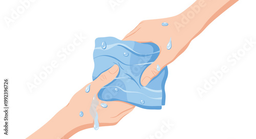 A pair of hands carefully wrings out a wet blue cleaning cloth with visible water droplets against a clean and bright white background under bright studio light.