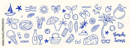 Summer Icons Set in Doodle Hand Drawn Style. Hand Drawn Summer Beach Elements. Whimsical Beach Coastal Line art Icons Sketch. Travel  Trendy Modern Vector Illustration. Tropical coastal elements palm 
