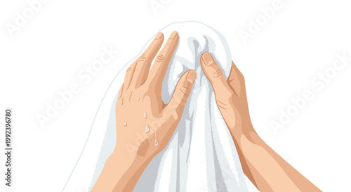 A pair of wet hands reaches up to dry off with a pristine white cotton towel against a clean and bright white background under soft and diffused studio lighting.
