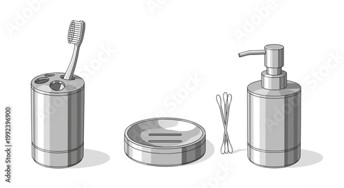 A sleek set of modern stainless steel bathroom accessories including a soap dispenser and toothbrush holder are arranged on a white background under bright light.