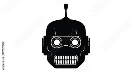 Retro robot head silhouette with antenna on white background