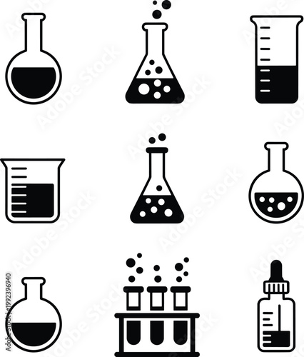 Collection of black and white representing laboratory glassware and chemical reactions science chemistry