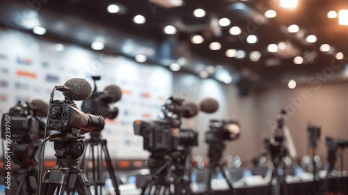 Multiple video rigs on tripods at press conference table