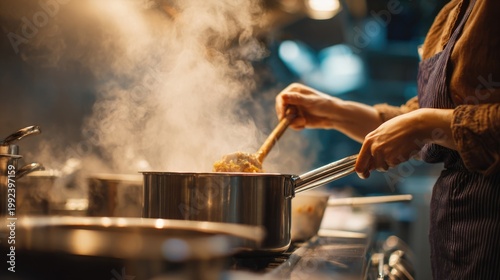 Person stirring steaming pot on stovetop in kitchen setting