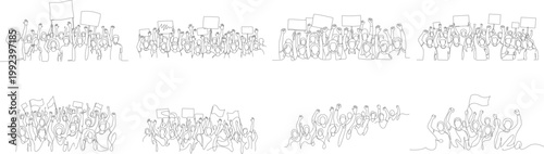 Protest crowd line art, workers movement minimalist vector illustration
