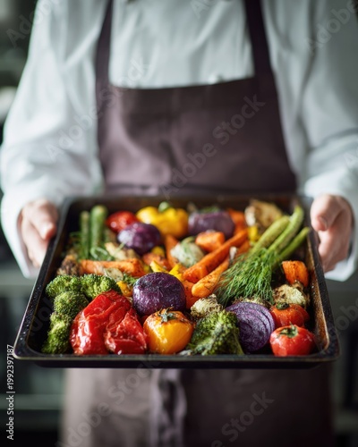 Chef holding tray of roasted vegetables in kitchen