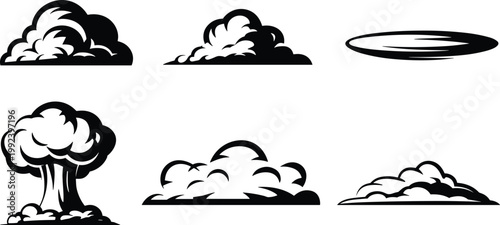 Six black and white of clouds and an explosion bomb blast