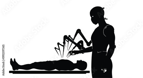 Humanoid robot performing surgery on a patient silhouette