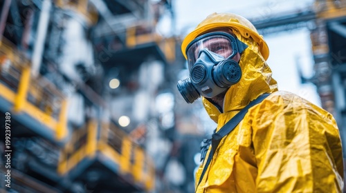 Worker in hazmat suit wearing gas mask at industrial site