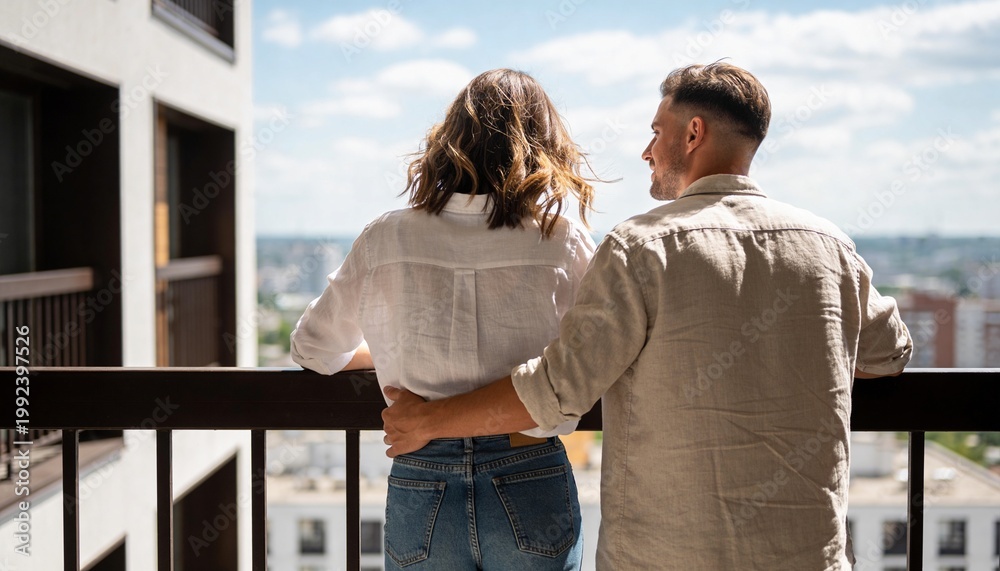 Obraz premium Young couple looking at city view from balcony. Man and woman from behind on apartment terrace. New home and urban lifestyle concept