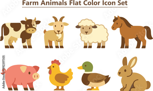 Set of Cute Farm Animals Flat Vector Icons