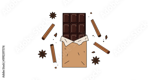 A dark chocolate bar partially unwrapped from brown paper is surrounded by star anise and cinnamon sticks on a minimalist white background for food.