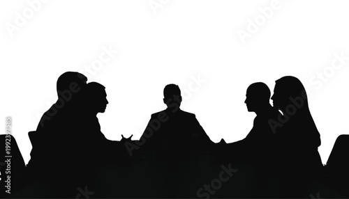 Professionals sit around a rectangular table to conduct a formal business meeting in a corporate office.