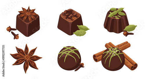A collection of gourmet dark chocolate truffles garnished with star anise, cardamom pods, cloves, and cinnamon sticks is arranged on a white surface.