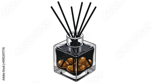 A square glass reed diffuser bottle filled with dark aromatic oil and decorative stones holds five black sticks against a clean white background area.