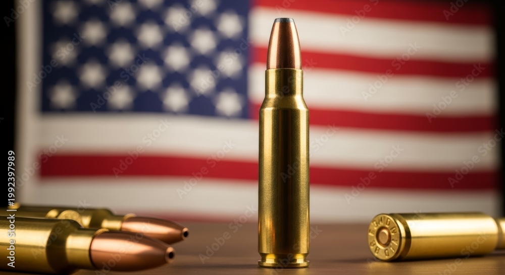 Naklejka premium Brass bullet standing in front of the flag of the United States. Ammunition and rifle cartridge for weapon. Concept of national security, gun policy, defense, patriotism and law.