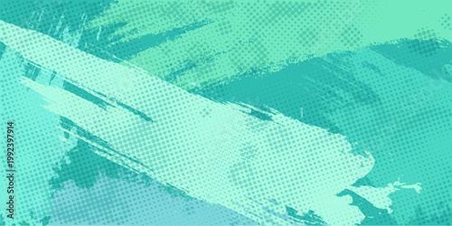 Abstract background with artistic brush strokes and halftone dot pattern in turquoise tones