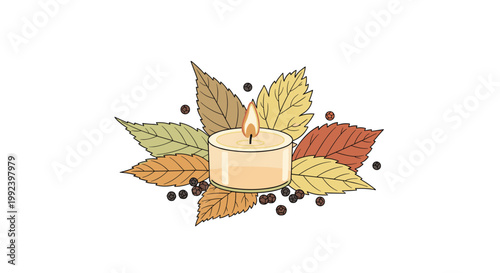 A small lit tealight candle is nestled within a decorative arrangement of colorful autumn leaves and black peppercorns on a clean white background set.