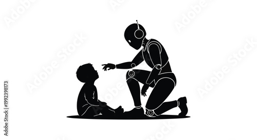 Robot and child interacting in black silhouette illustration for futuristic technology and artificial intelligence concept