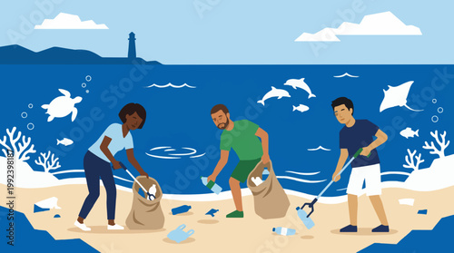 Beach cleanup volunteers removing litter along shore.