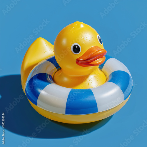 Yellow rubber duck with blue and white inflatable swim ring on blue background