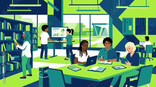 People working and studying in a modern classroom setting.