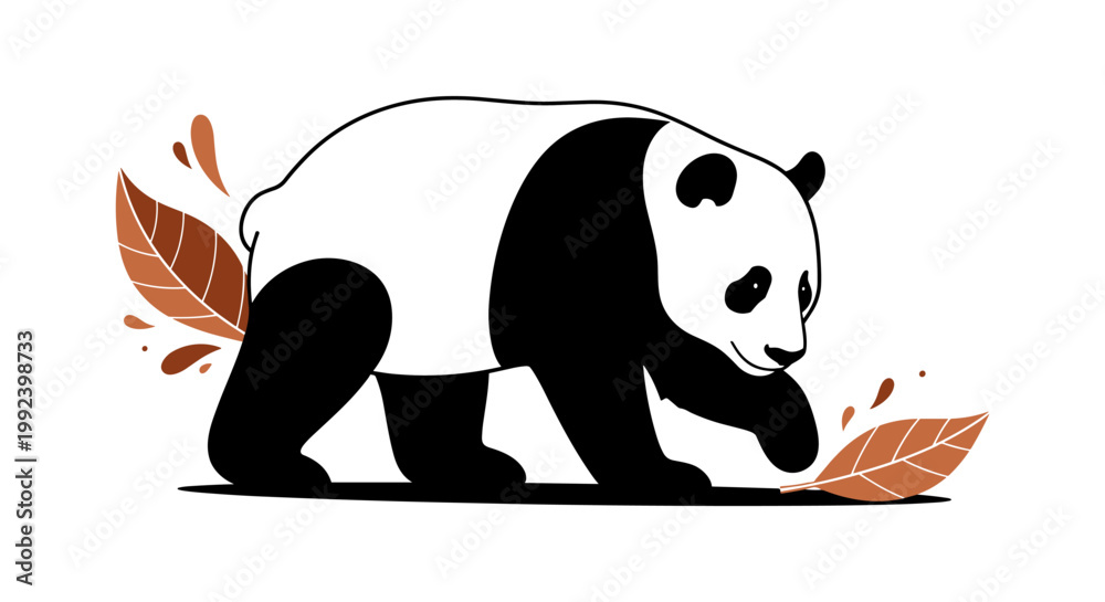 Naklejka premium Cute Panda Walking with Leaves