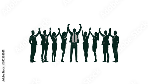 Businesspeople raise their hands in a group silhouette to show unity and celebrate collective success.