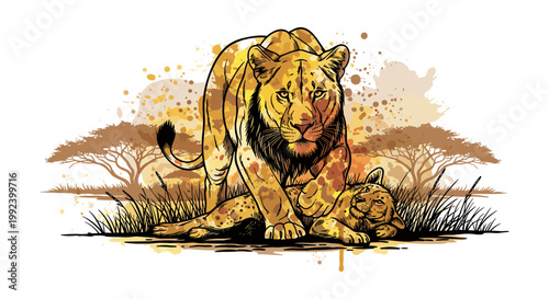 Lioness With Cub in Savannah