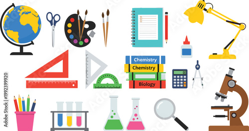 School and education supplies vector set with globe, microscope, books, chemistry lab equipment and stationery items, colorful learning tools illustration collection isolated