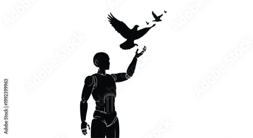 Humanoid robot silhouette releasing or attracting a flying bird