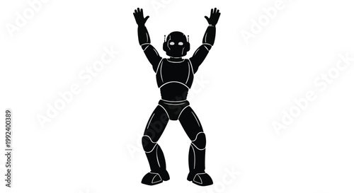 Humanoid robot silhouette with arms raised in celebration