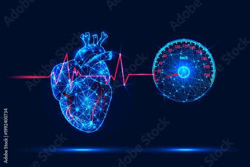 Slow heart rate, heart rate monitor and speedometer, measuring the pace, vector illustration