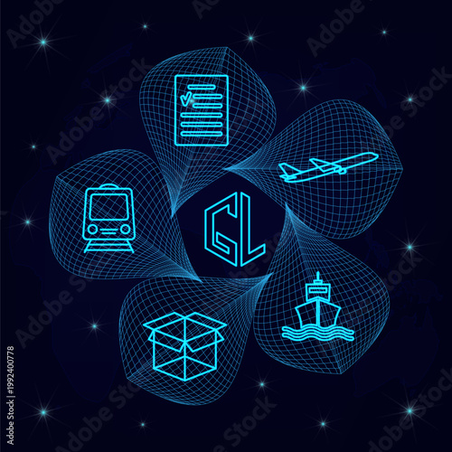 Global logistics network in light blue. Map global logistics partnership connection.  Globe  with logistics icons in neon style. Global logistics concept for your design. EPS10.