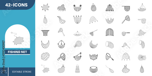 Fishing Net Icon Set – Clean Flat Vector Icons for Catching Fish, Angling Equipment, Marine Tools, Outdoor Fishing, Seafood Harvest and Netting Use.