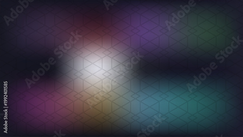 Dark geometric pattern background with abstract gradient color splashes.