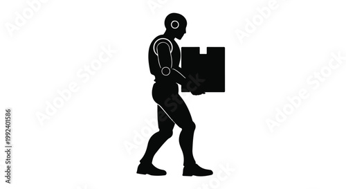 Delivery person robot carrying package on white background, modern logistics concept, black silhouette