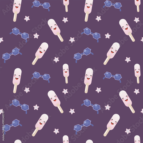 Whimsical seamless summer pattern featuring cheerful pink popsicles with smiling cartoon faces, hexagonal blue sunglasses, and dotted star motifs on a rich purple background.