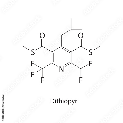 Dithiopyr skeletal structure. pesticide compound schematic illustration. Simple diagram, chemical formula.