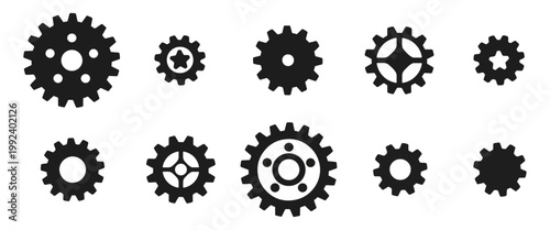 Colección de siluetas de engranajes y piñones mecánicos. Íconos vectoriales de engranajes en diferentes tamaños y estilos aislados en blanco. Símbolos industriales, mantenimiento y trabajo en equipo