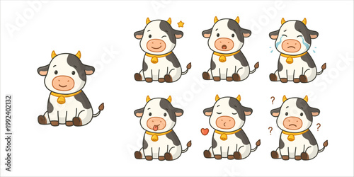 Cute baby cow character set with different emotions, funny calf mascot collection, vector cartoon stickers for kids.