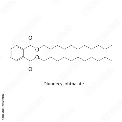 Diundecyl phthalate skeletal structure. ester compound schematic illustration. Simple diagram, chemical formula.