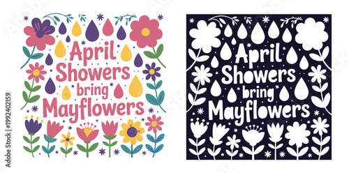 Flower illustration April Showers bring Mayflowers in colorful and black white