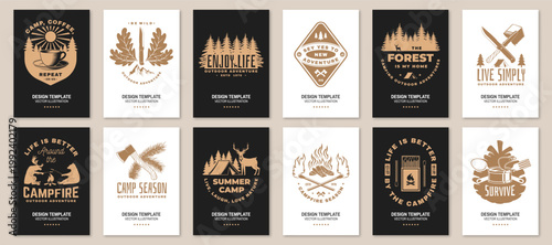 Camping posters bundle vector collection with outdoor adventure badges campfire forest knife coffee and survival designs for t shirt print sticker set isolated background