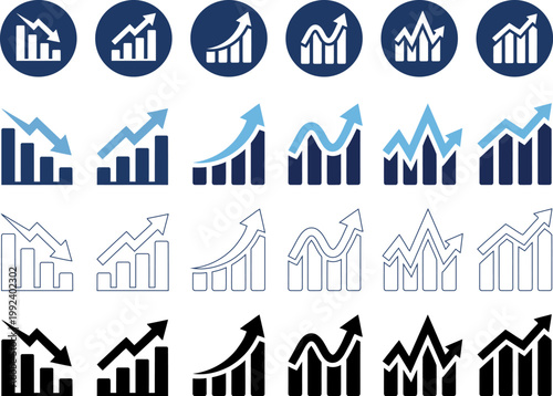Stock market analysis icons set with bar charts and rising or falling arrows.