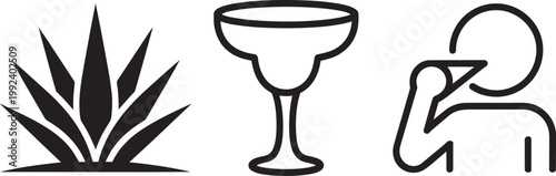 Agave plant, margarita glass and person drinking, vector illustration in outline style icon set