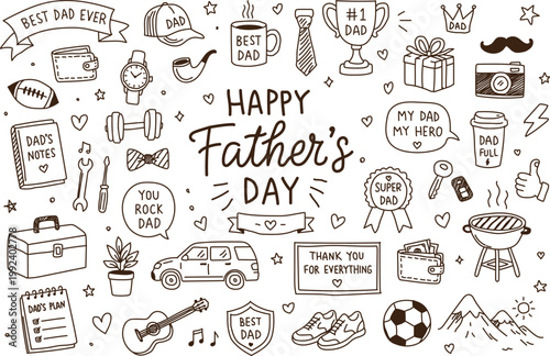 Happy fathers day hand drawn icon set. doodle elements decoration party for greeting card, banner, poster.