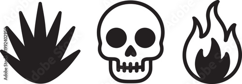 Hand icon with skull icon, black and white, and human skull in outline style with fire icon